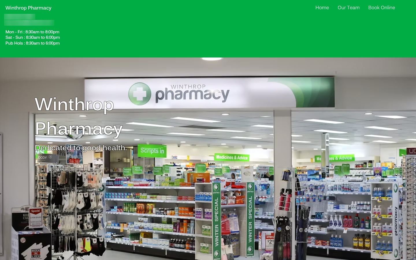 The old Winthrop Pharmacy website on a desktop screen: a bright green header and the pharmacy name over a photo of the store