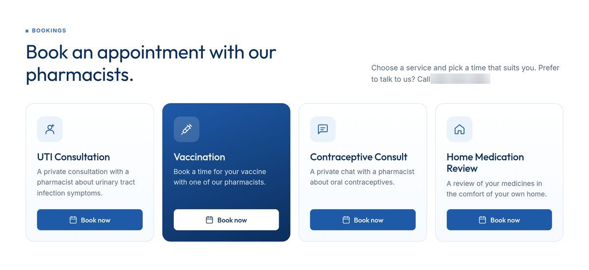 Bookings section of the Winthrop Pharmacy redesign: four service cards, each with its own "Book now" button