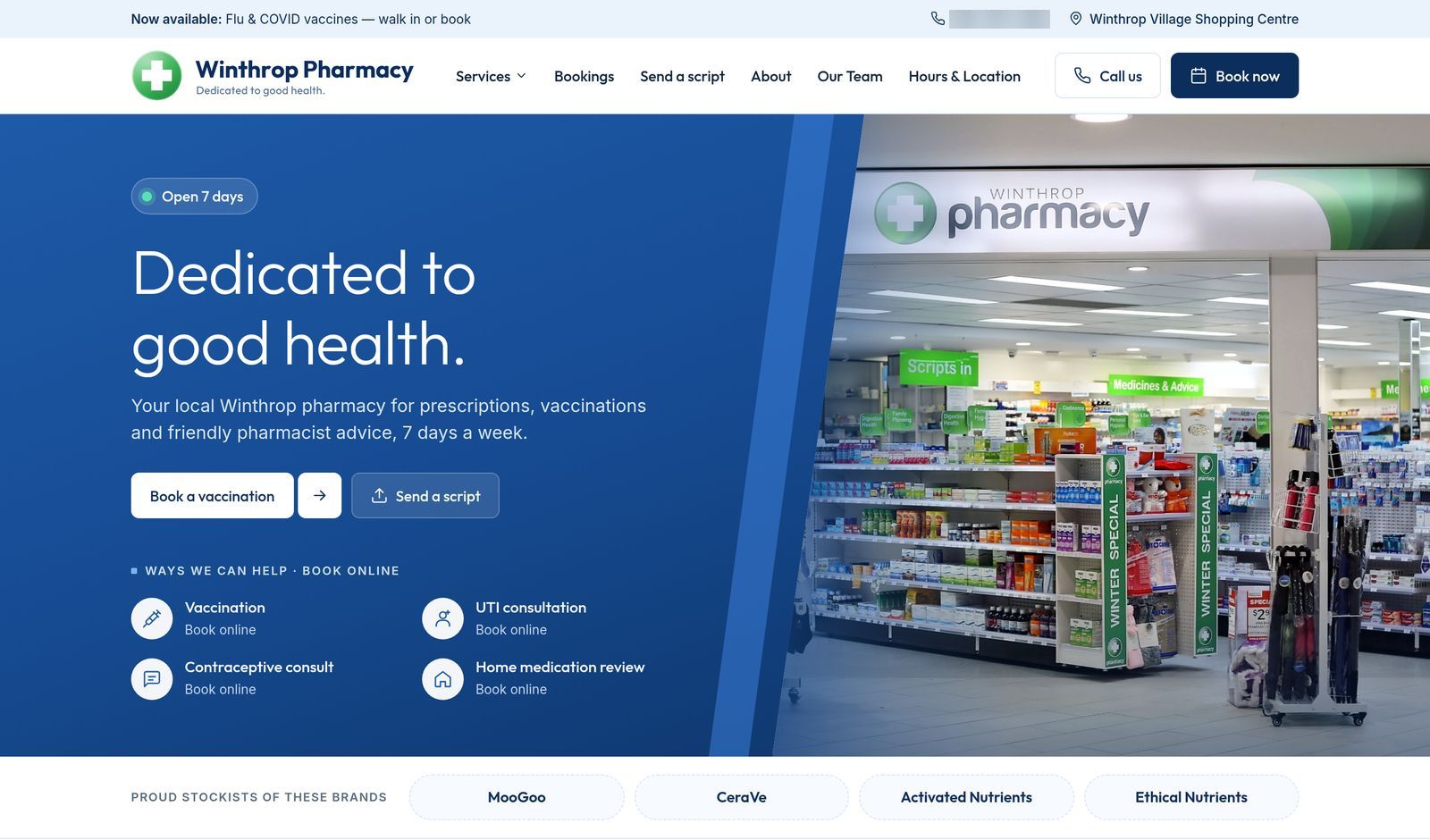 The new Winthrop Pharmacy website on a desktop screen: new logo, a blue hero with the shopfront photo and clear booking buttons