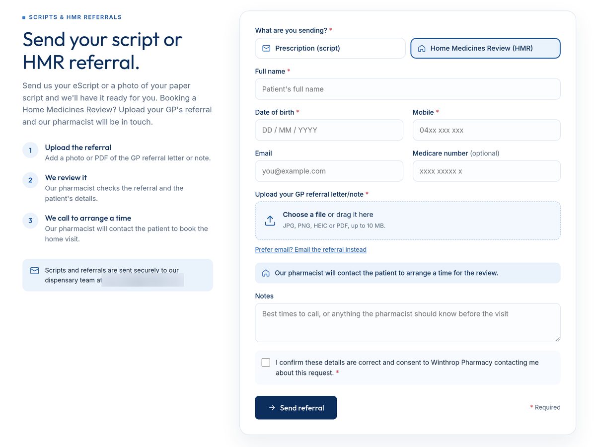 Home Medicines Review referral form from the Winthrop Pharmacy redesign, with an upload box for the GP referral and three steps explaining what happens next