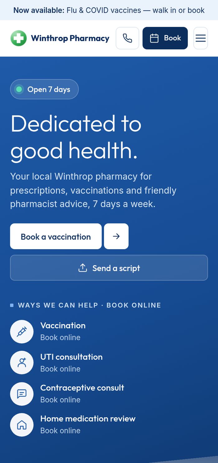 The Winthrop Pharmacy redesign on a phone, with call and book buttons in the header and the services listed for online booking