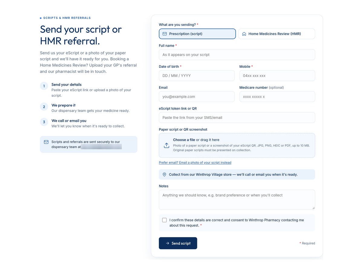 Send your script form from the Winthrop Pharmacy redesign, with fields for an eScript link, a QR screenshot or a photo of a paper script.